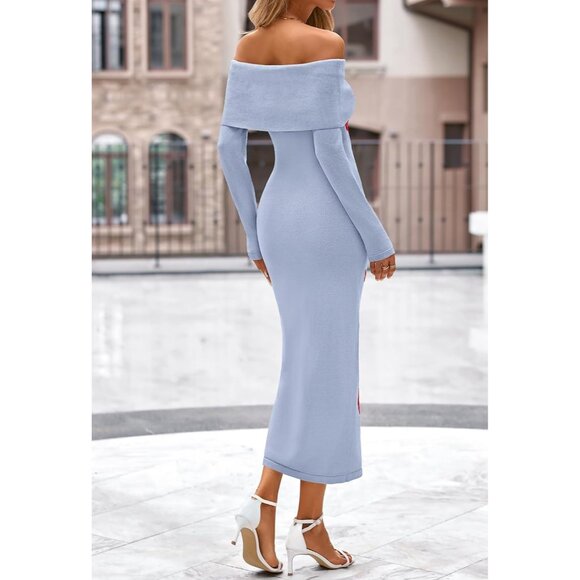 Merokeety Women's Bluewhite Off Shoulder Long Sleeve Elegant Bodycon Midi Dress - Picture 4 of 9
